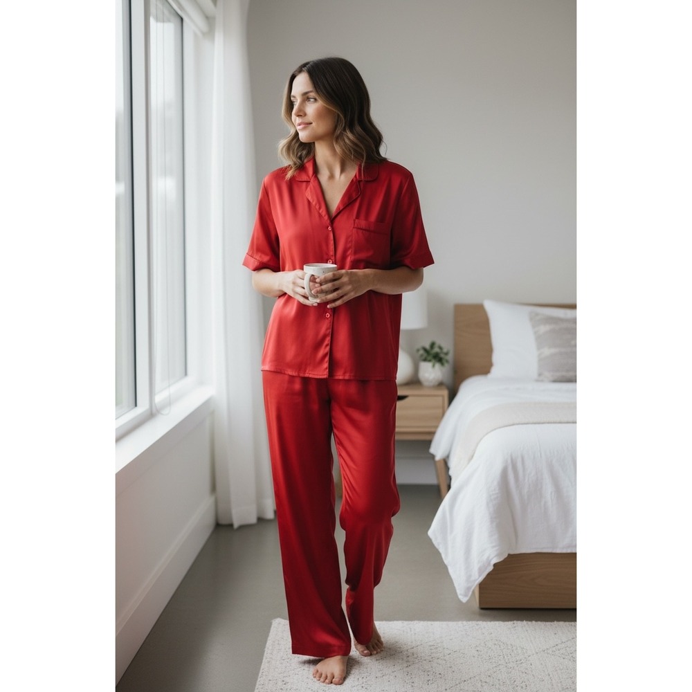 EXPRESS Satin Wide Leg Red Pajama Set